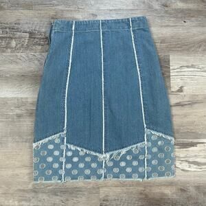 J Brand Polka Dot Mesh Hem Denim Skirt Raw Edge Contrast Panel 25